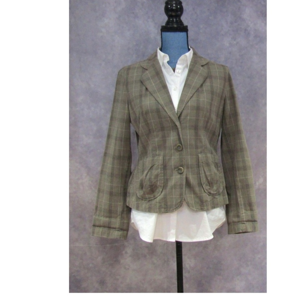 Talbots Khaki Brown Plaid Cotton Blazer Size 8